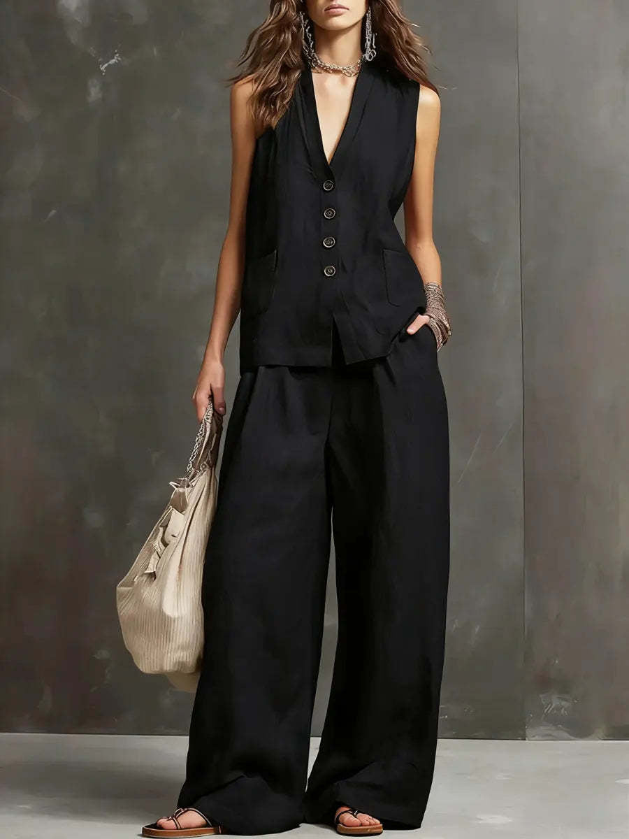 Two-piece set with sleeveless vest and wide-leg pants