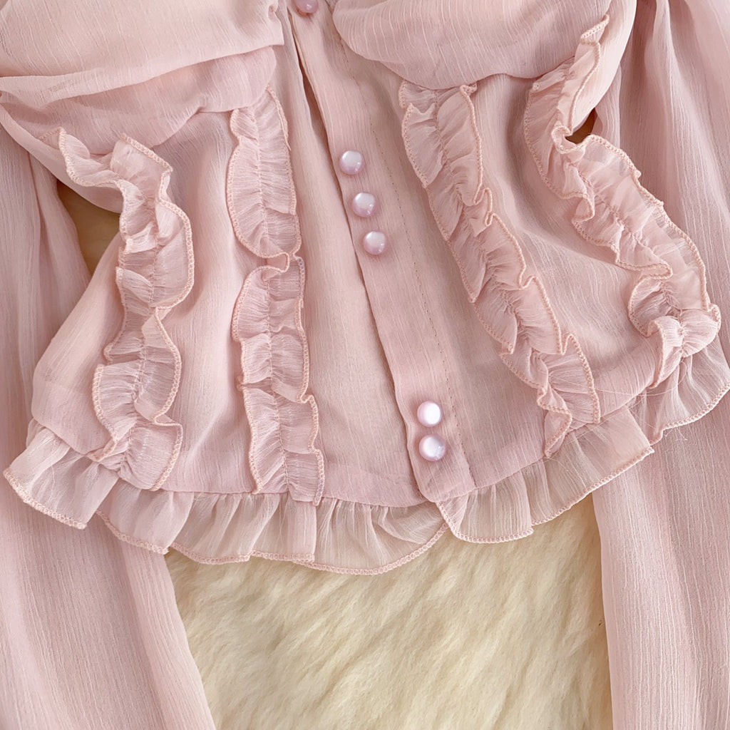 Off-shoulder Ruffled Pink Chiffon Top