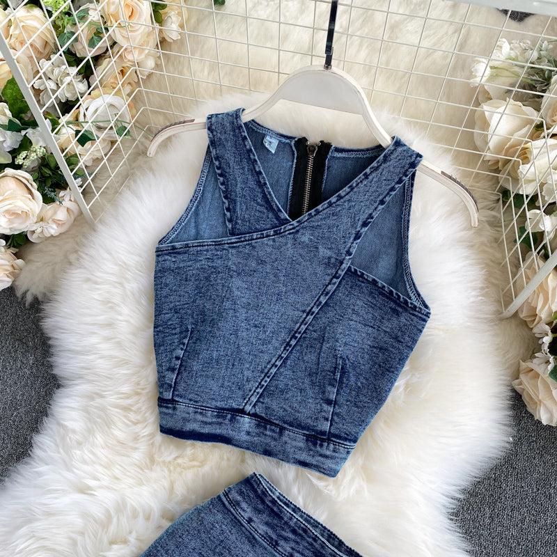 Niche Top&Split Skirt Denim 2Pcs