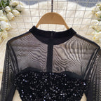 Mesh Patchwork Black Sequined Dress