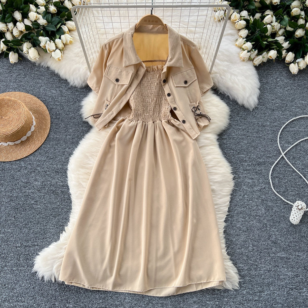 Short Shirt&Pleated Slip Dress 2Pcs