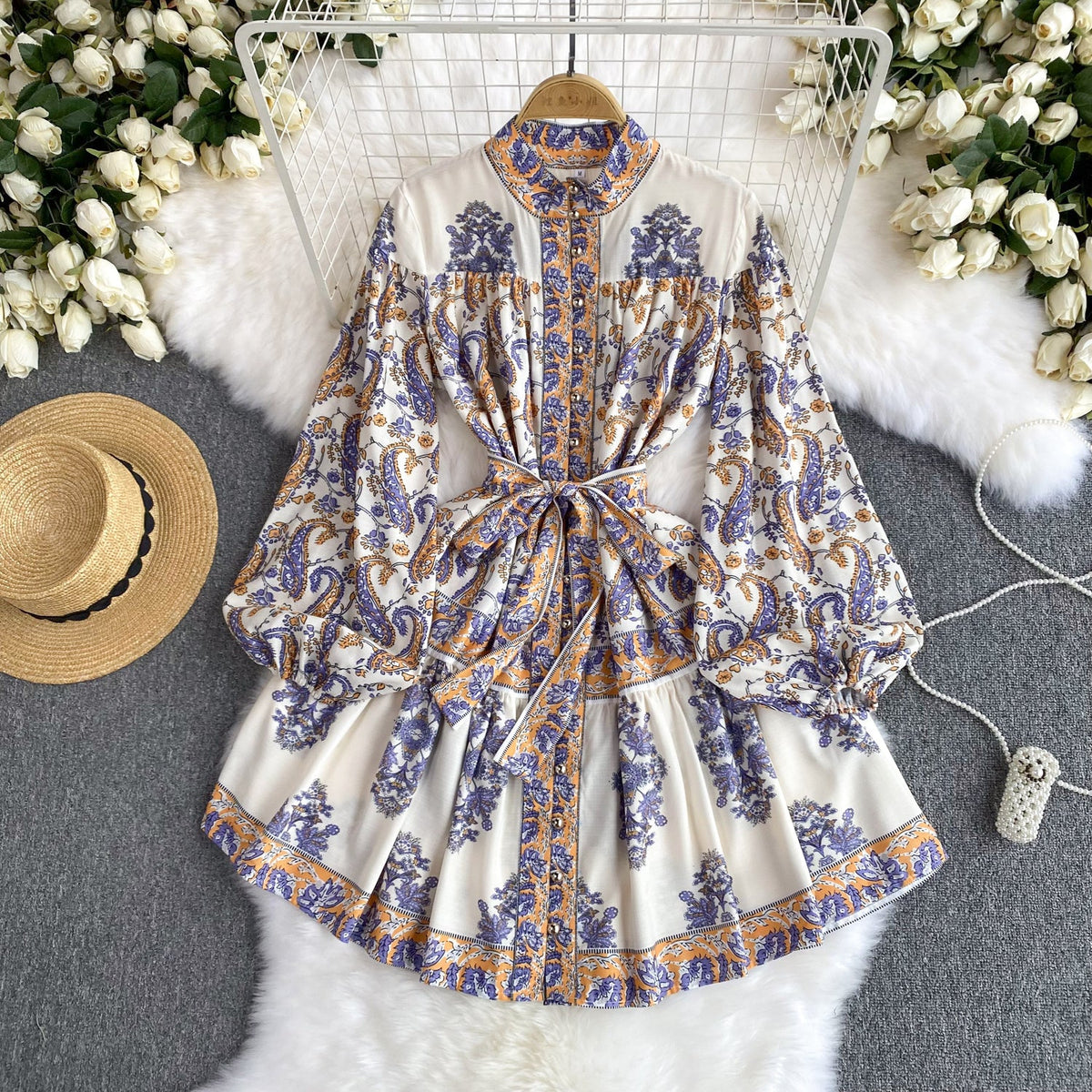 Courtly Floral Long-sleeve Ruffled Dress