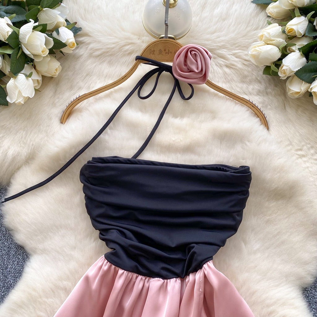 Black & Pink Satin Patchwork Split Dress