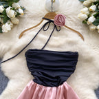 Black & Pink Satin Patchwork Split Dress