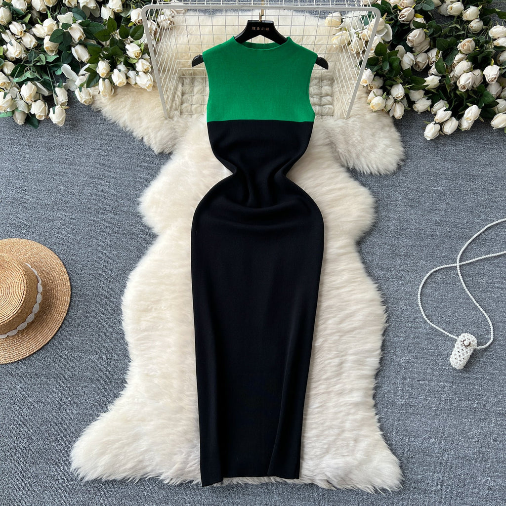 Color Blocking Black Knitted Dress