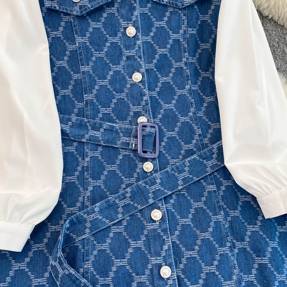 Chic Lapeled Patchwork Denim Dress