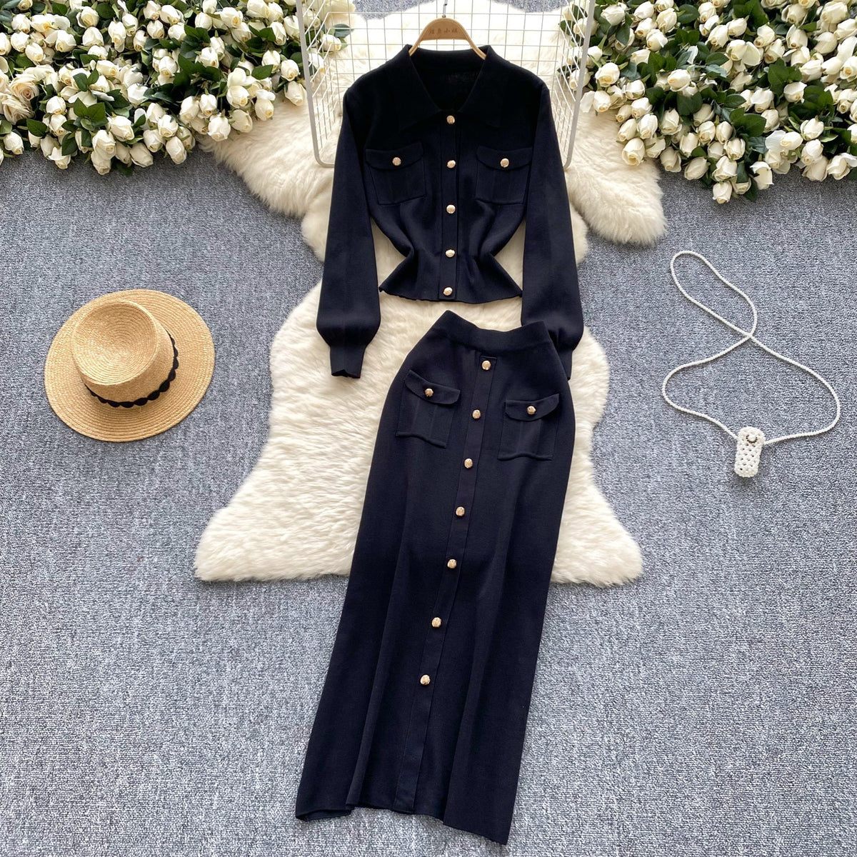 Lapeled Knitwear&Slim Skirt 2Pcs