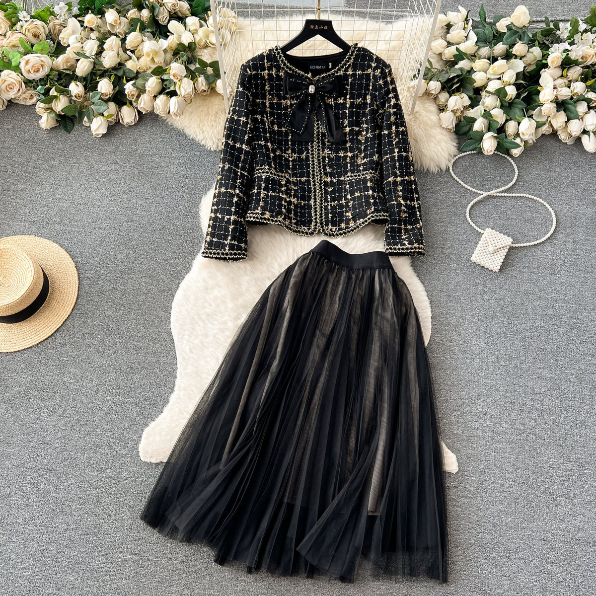 Tweed Blazer&Pleated Half-body Skirt 2Pcs
