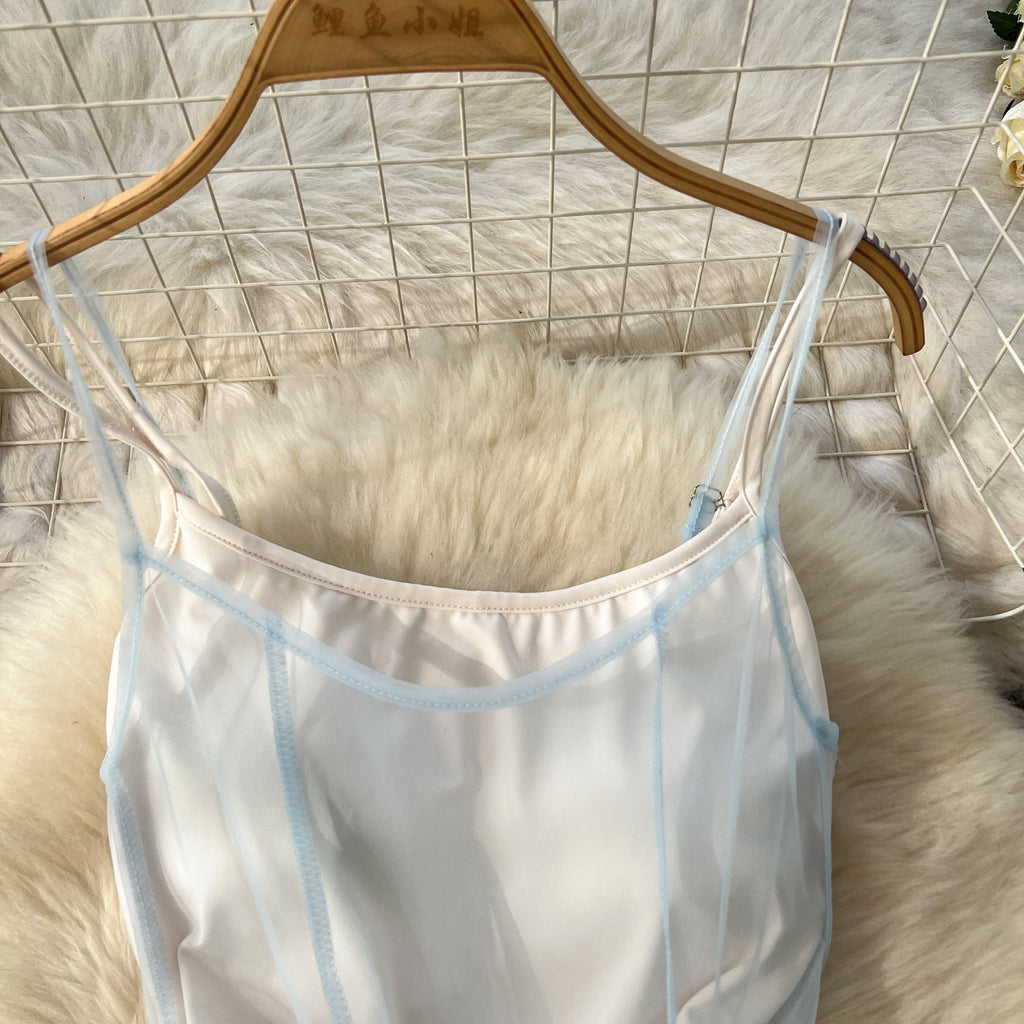 Blue Mesh Outwear & Slip Dress 2Pcs