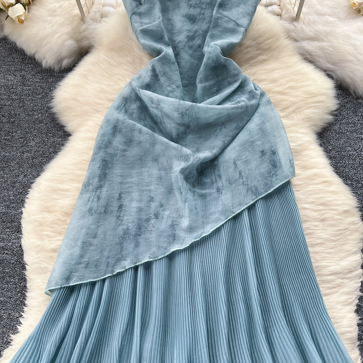Patchwork Pleated Fishtail Cheongsam Dress