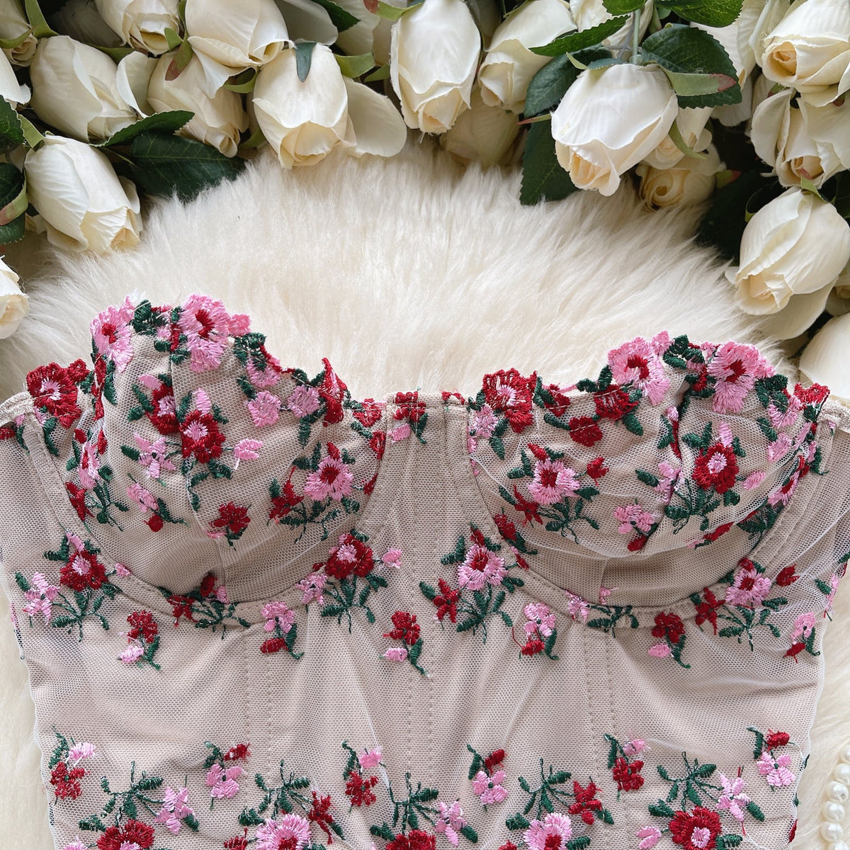 Off-shoulder Flower Embroidered Lace Top