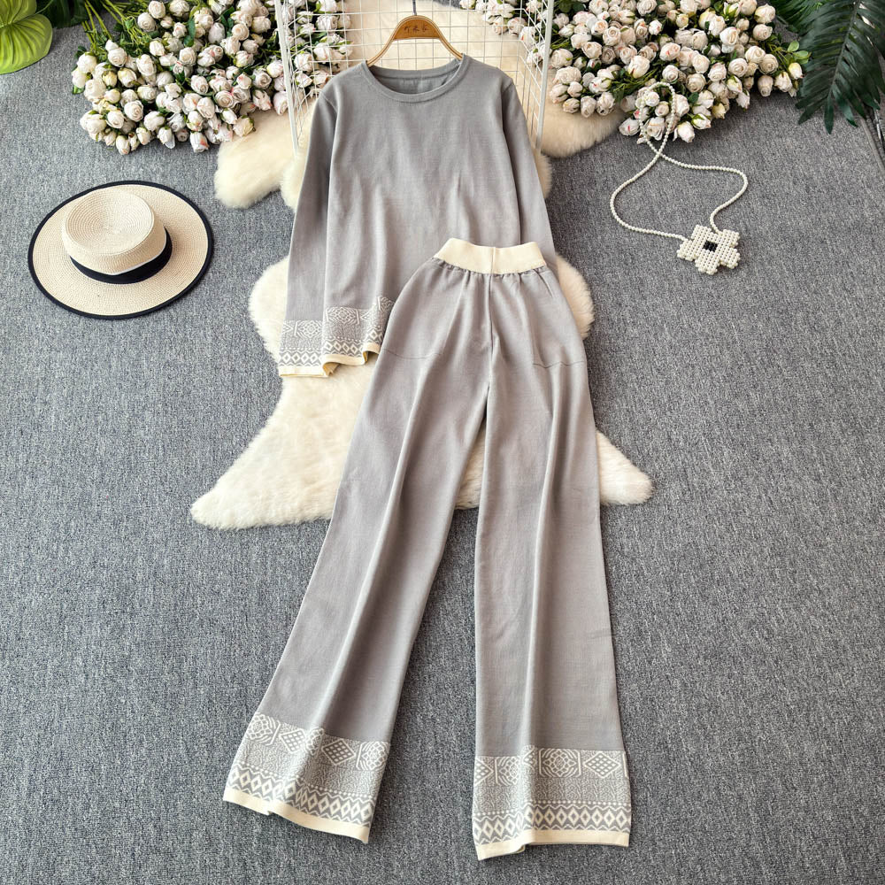 Sweater&Trousers Color-blocking Embroidered 2Pcs