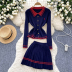Color Blocking Knitwear&Pleated Skirt 2Pcs