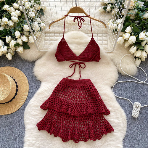 3D Camisole & Skirt Hollow Knitted 2Pcs
