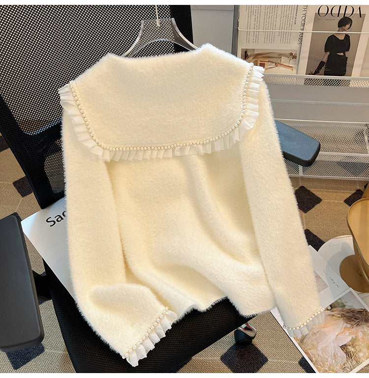 Doll Collar Beaded Ruffled Cardigan