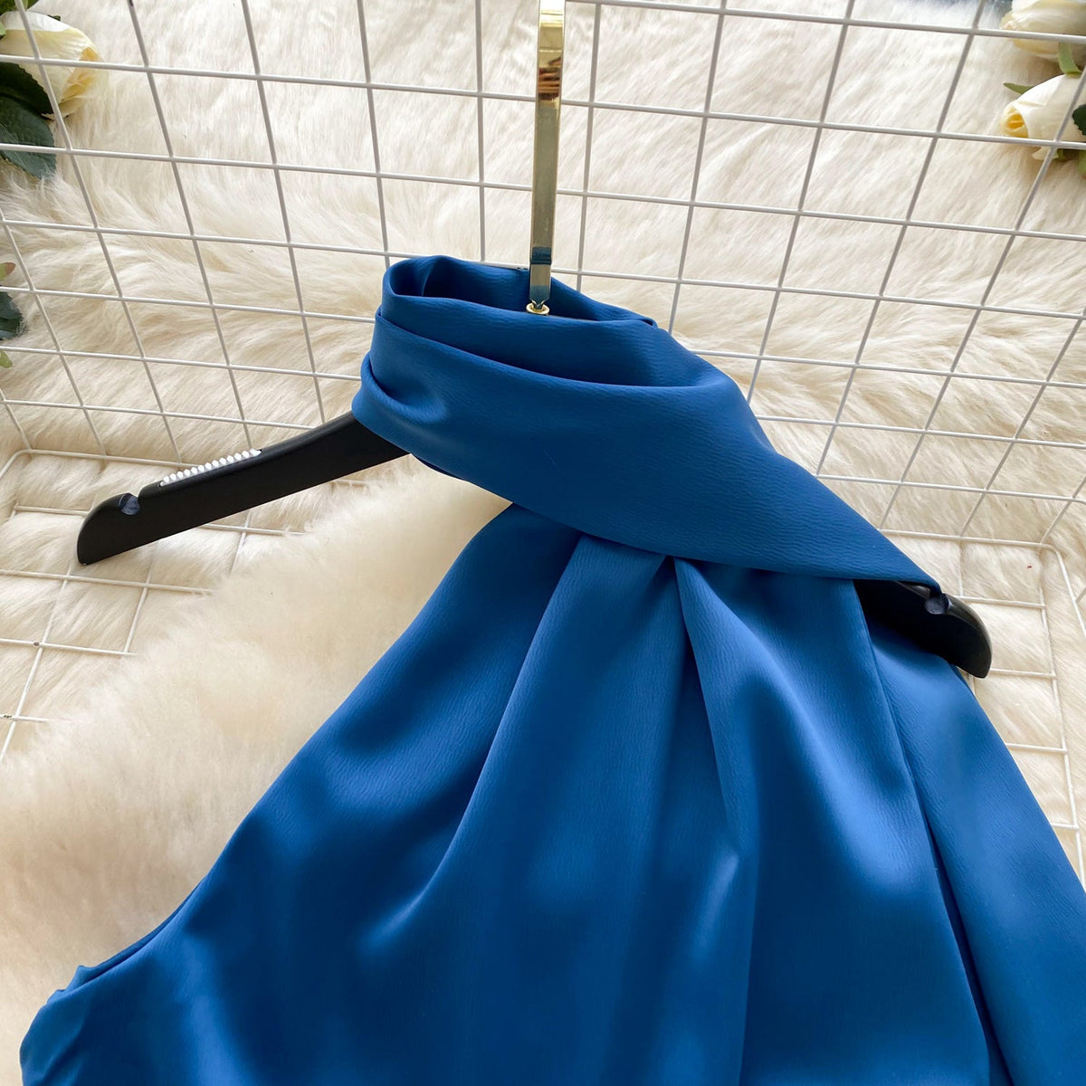 Delicate Blue Satin Dress with Ribbon