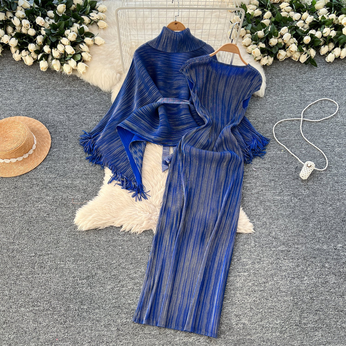 Beaded Fringed Cardigan & Vest Dress 2Pcs