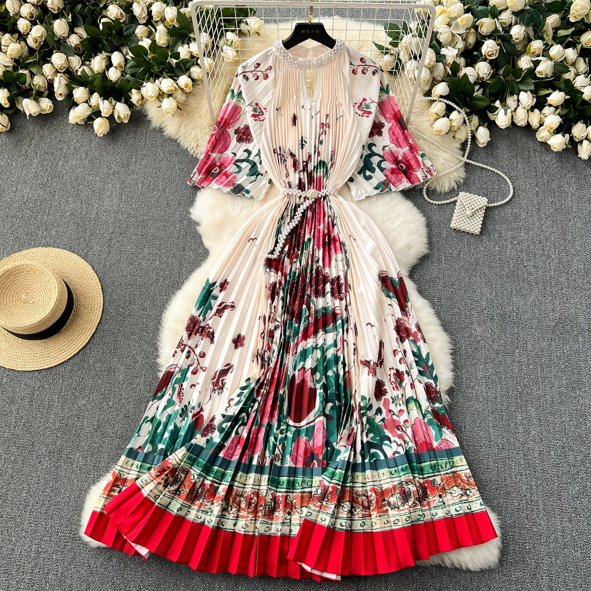 Beaded Crew Neck Printed Dress
