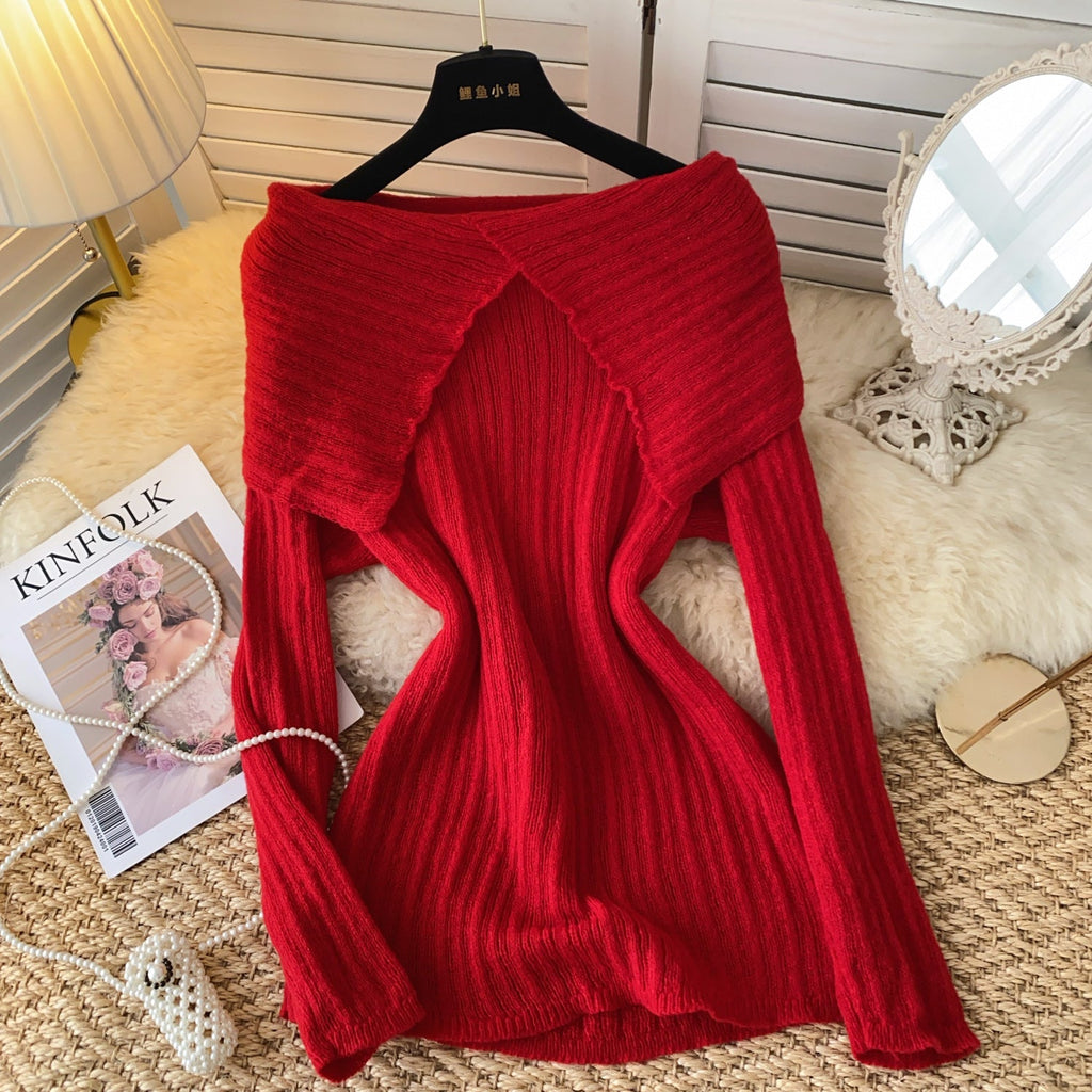 Folded Neckline Stripe-knit Sweater