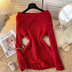 Folded Neckline Stripe-knit Sweater