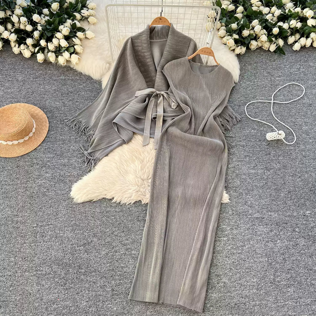 Beaded Fringed Cardigan & Vest Dress 2Pcs