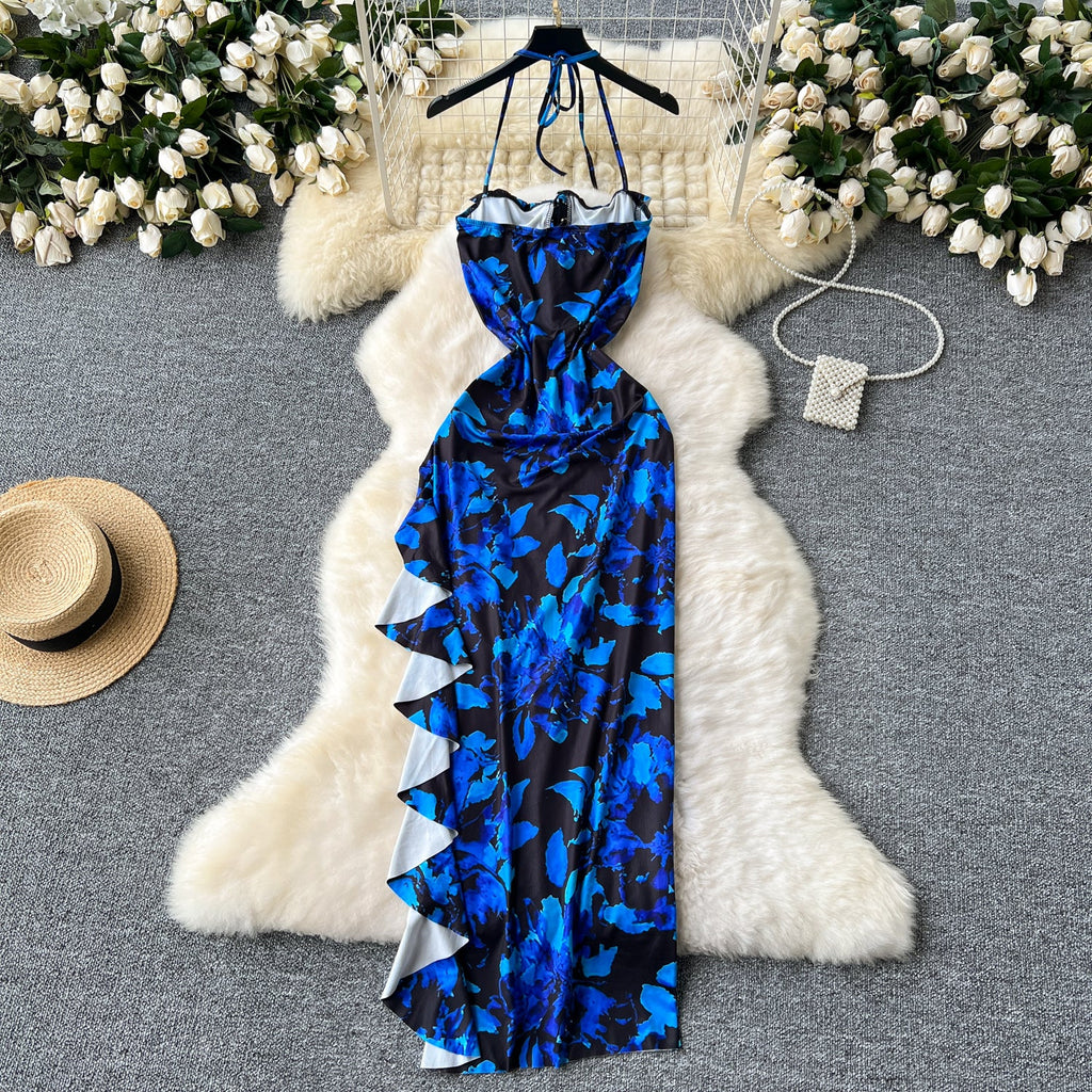 Asymmetric Ruffled Printed Halter Dress