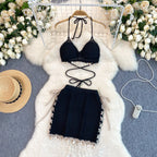 Fringed Halter Top&Skirt Knitted 2Pcs