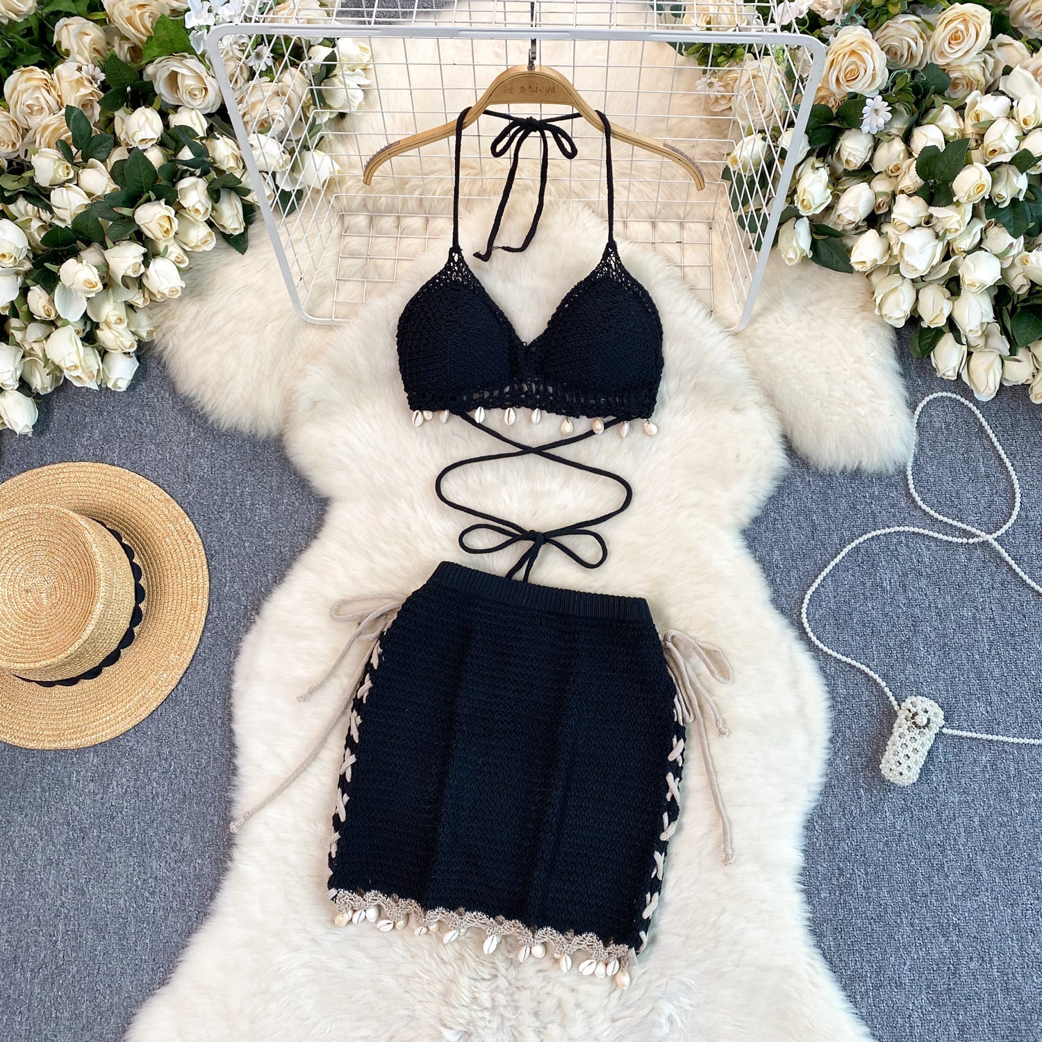 Fringed Halter Top&Skirt Knitted 2Pcs