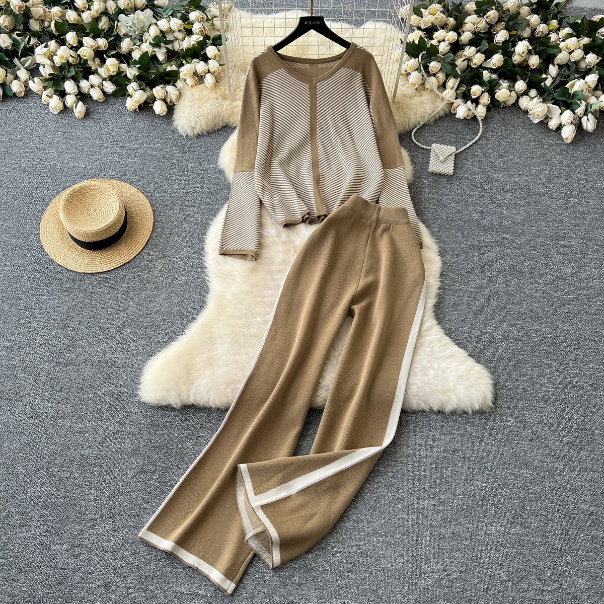 V-neck Sweater&Trousers Striped 2Pcs
