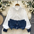 Niche Bow Denim Patchwork Shirt