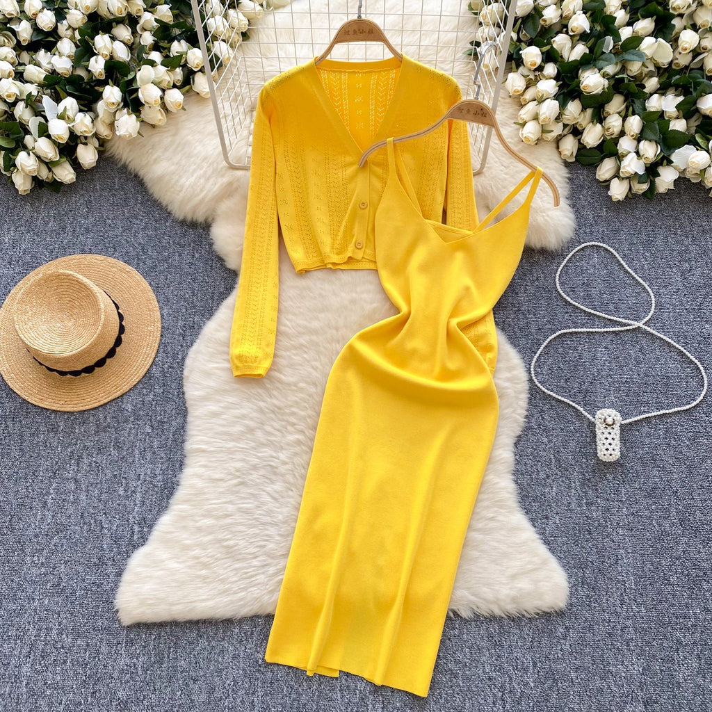 Cardigan&Slip Dress Solid Color 2Pcs