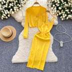 Cardigan&Slip Dress Solid Color 2Pcs