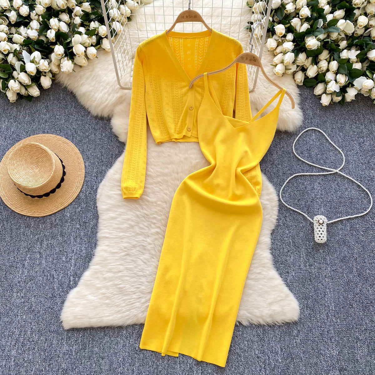 Cardigan&Slip Dress Solid Color 2Pcs