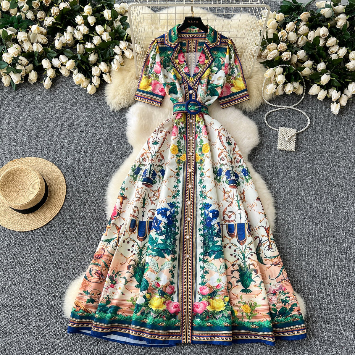 Courtly Floral Single-breasted Dress