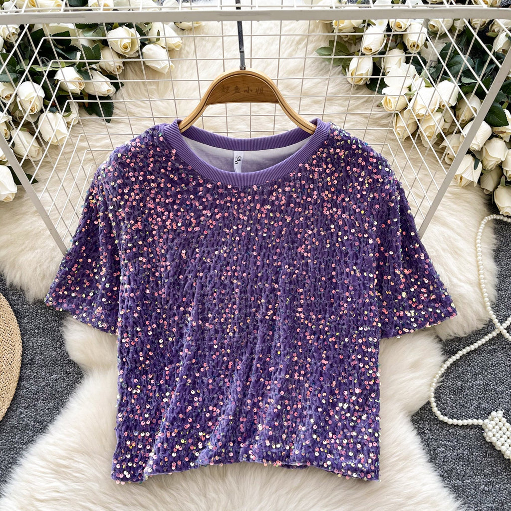 Crew Neck Sequined Short T-shirt