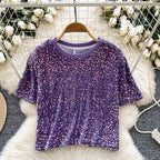 Crew Neck Sequined Short T-shirt