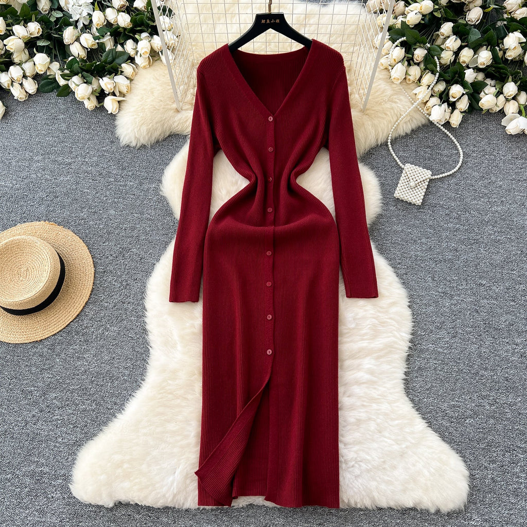 V-neck Single-breasted Cardigan Dress