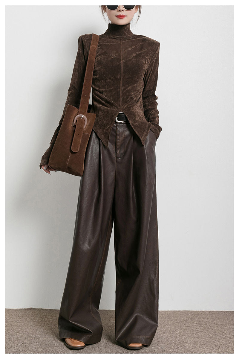 Vintage Draped Brown PU Leather Pants