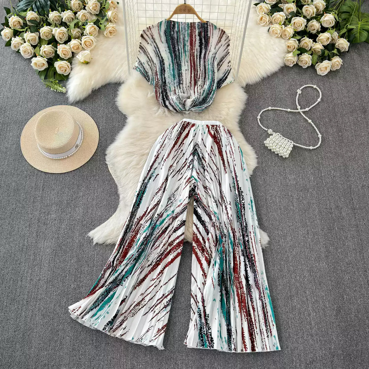Chiffon T-shirt & Wide-leg Trousers 2Pcs