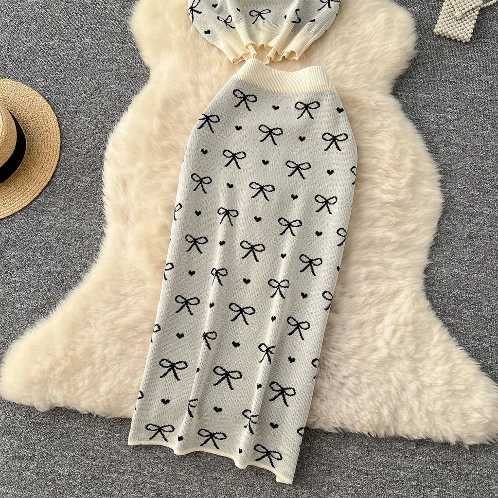 Bow Knitwear & Hip-wrapping Skirt 2Pcs