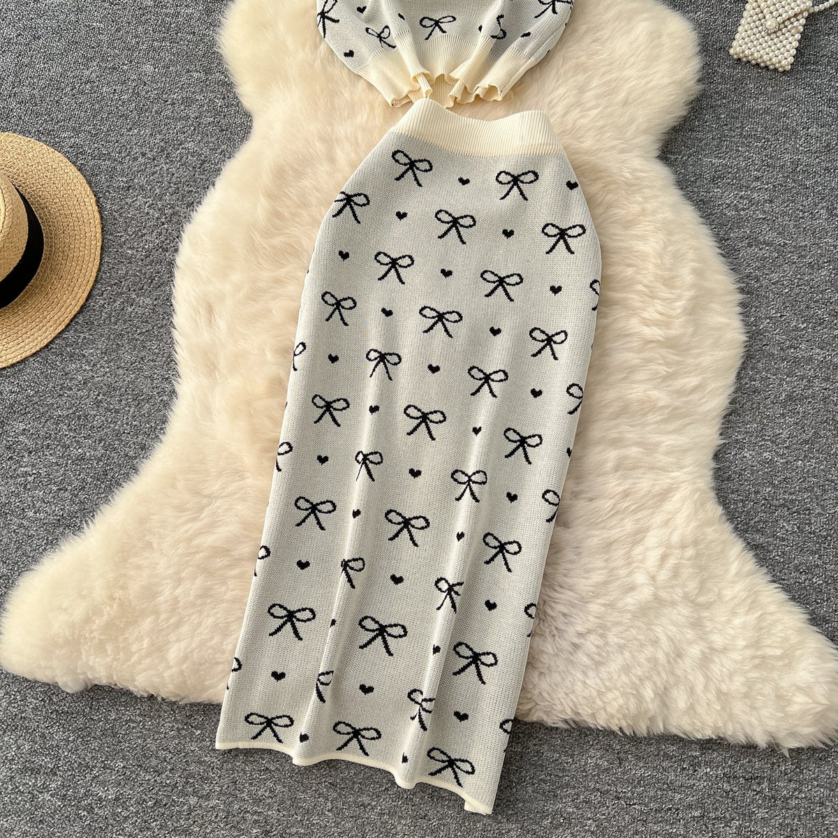 Bow Knitwear & Hip-wrapping Skirt 2Pcs