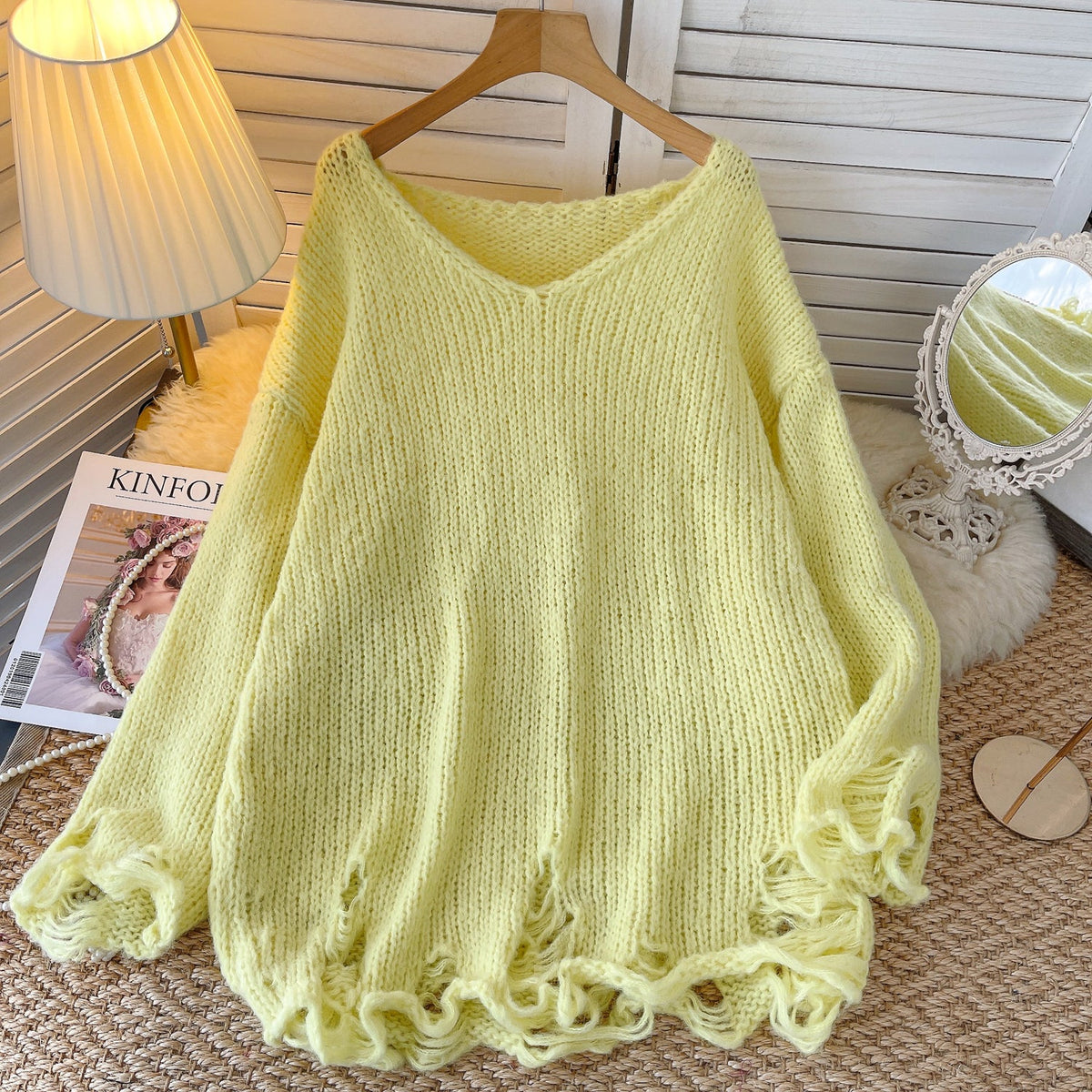 Candy Color Loose-fit Ripped Sweater