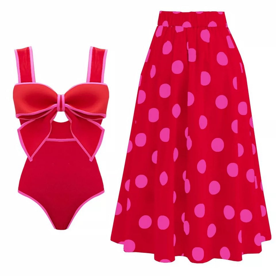Bowtie&Dots Chiffon Beach Skirt Set Swimsuit