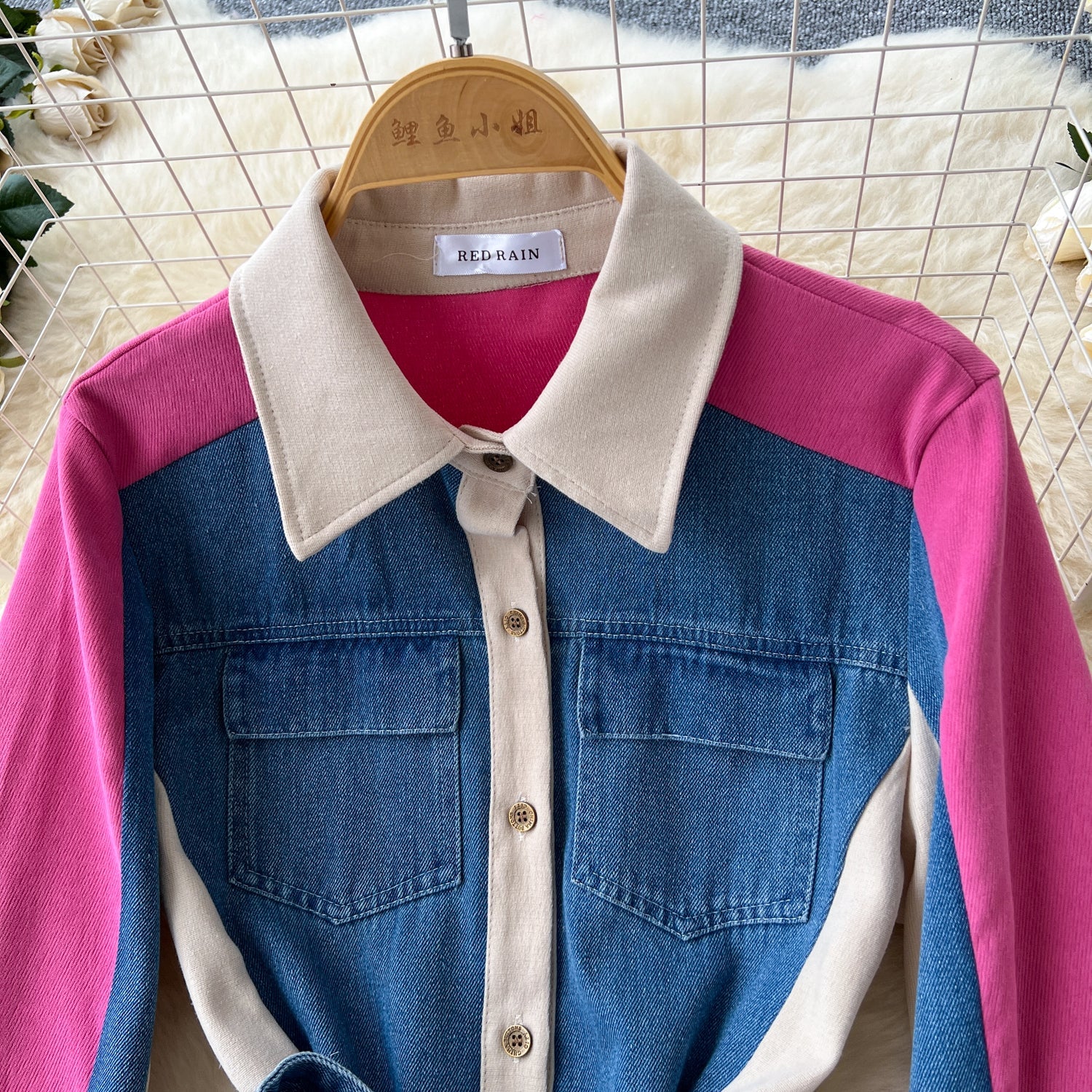 Vintage Lace-up Denim Patchwork Shirt Dress