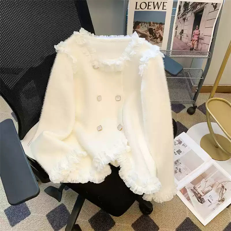 Color Blocking Ruffled Thickened Cardigan