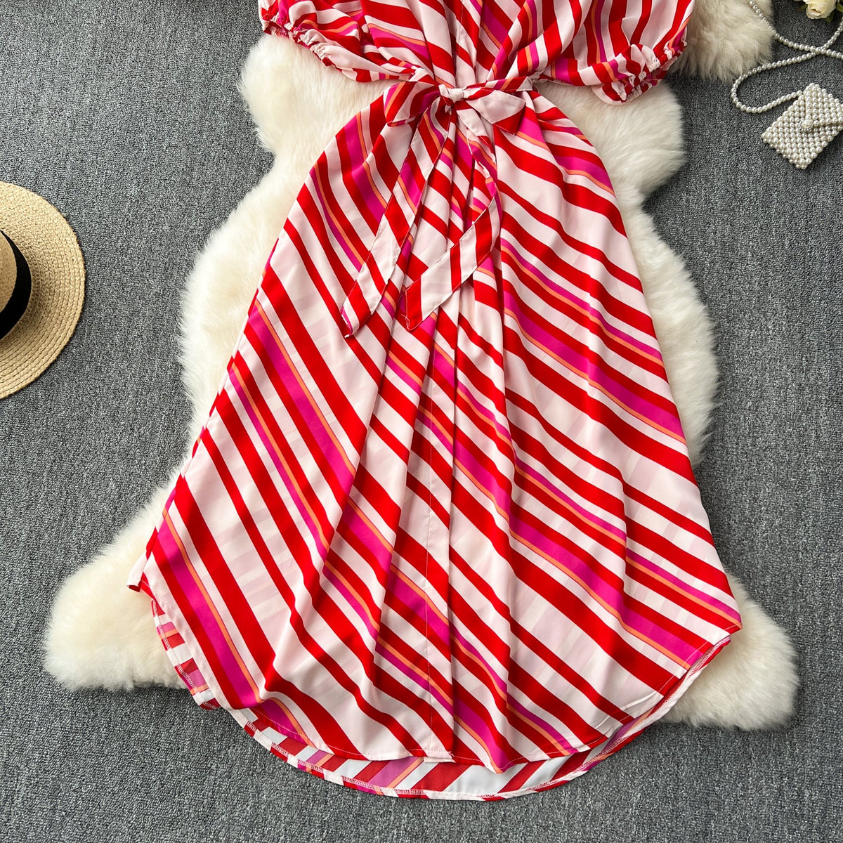 Colorful Slant Striped Shirt Dress