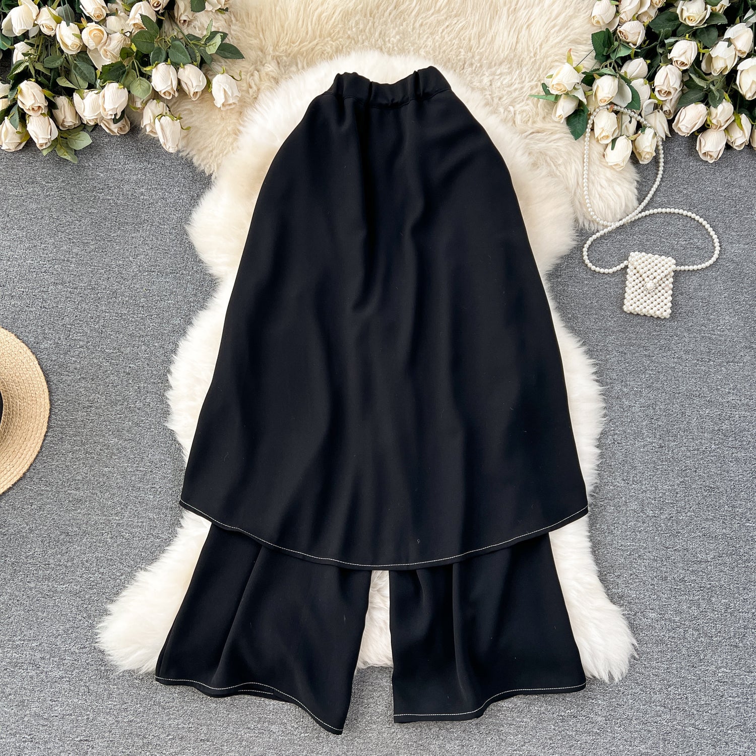 Faux Two-pieces Loose Black Trousers