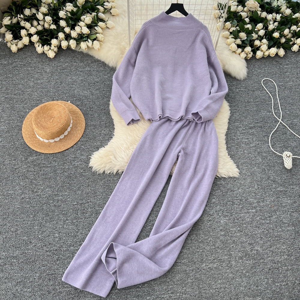 Turtleneck Cardigan&Wide-leg Trousers 2Pcs