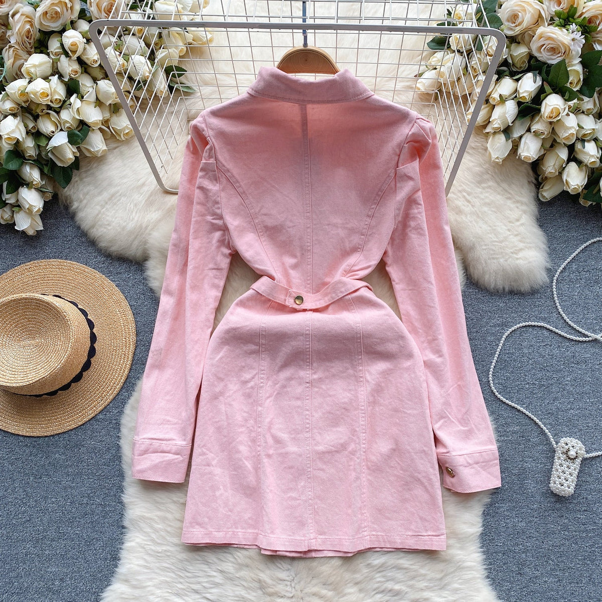 Vintage Candy Color Denim Shirt Dress