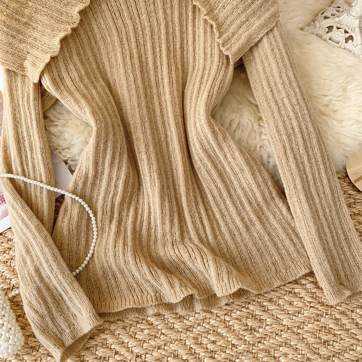 Folded Neckline Stripe-knit Sweater